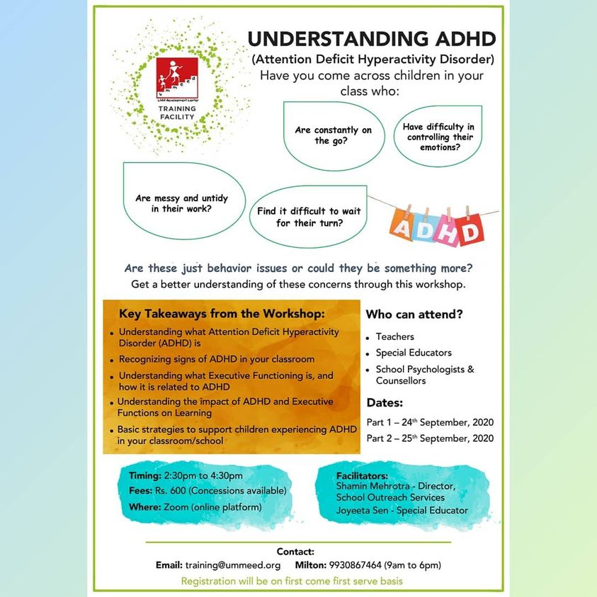 UmmeedCDC's tweet photo. Get a better understanding of ADHD, recognizing its signs in the classroom, basic strategies to support children experiencing ADHD at our #zoom workshop "Understanding ADHD". To register email at training@ummeed.org or call 9930867464
#adhd #signsofadhd
#classroom #teachers https://t.co/tuNpKSmKmQ