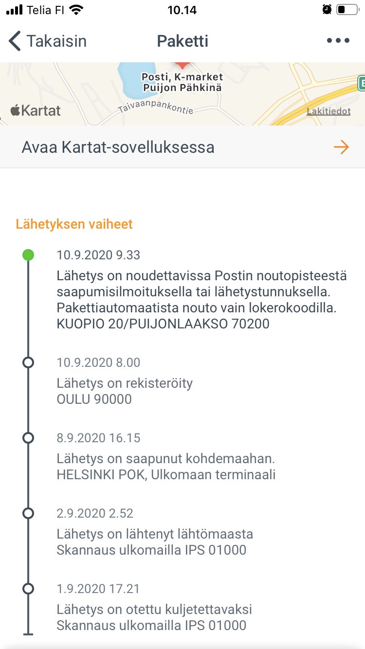 تويتر \ EmiliaP على تويتر: "On se joutuisa tää meidän posti. Puolessatoista  tunnissa Oulusta Kuopioon... voi olla nopeempaa hypätä autoon ja ajaa  savoon hakemaan pakettia, kuin selvittää aspan kanssa 🙄 #posti  #helpointapahukataruumisonpostittaase