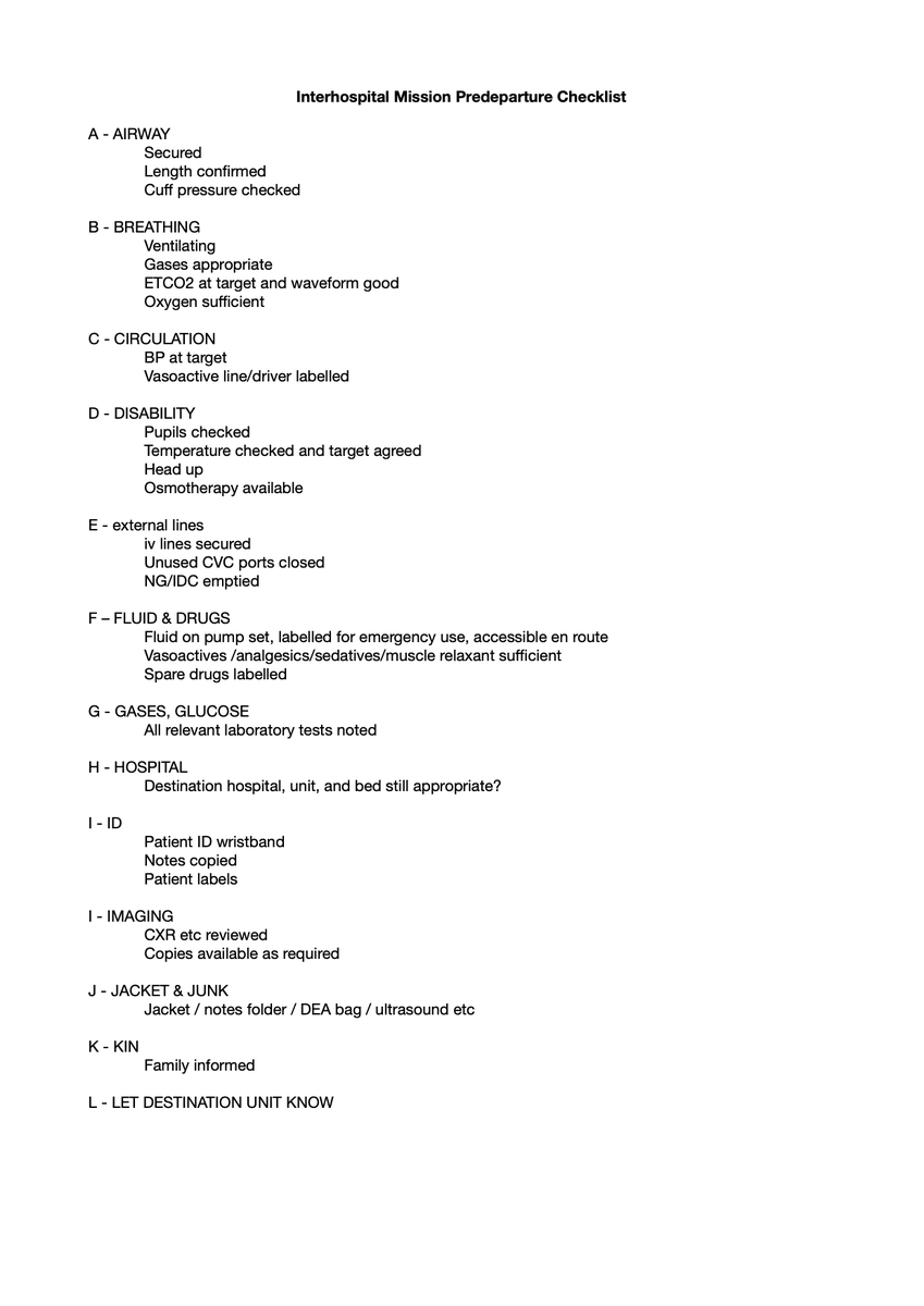 This is my unofficial interhospital retrieval pre-departure checklist. Helps me keep my junk in order.