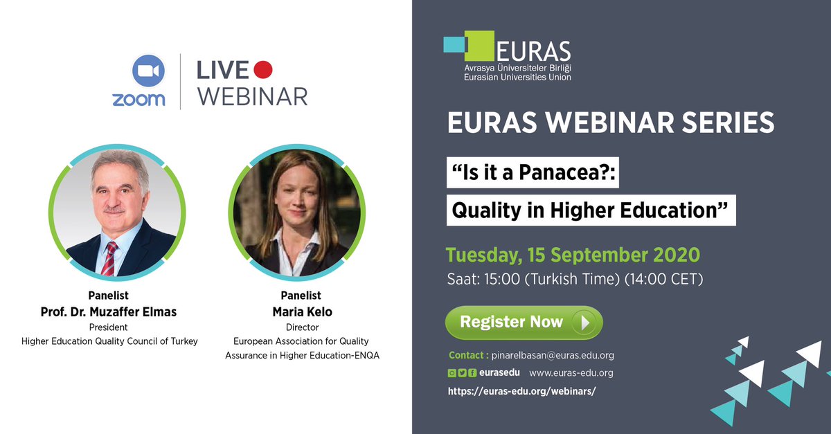 Mark your Calendars! 
Next Tuesday on 15th of September at 15:00 (Istanbul Time), we’ll organize EURAS Webinar on “Is it a Panacea?: Quality in Higher Education”.
More information and pre-registration can be found on EURAS Website
Sign up now!
euras-edu.org/webinars/euras…
#enqa #yokak
