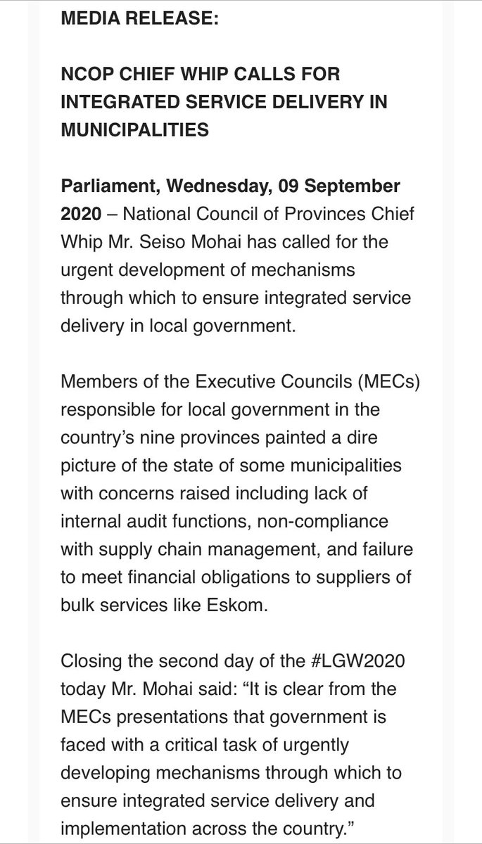 ParliamentofRSA's tweet photo. #NCOP CHIEF WHIP CALLS FOR INTEGRATED SERVICE DELIVERY IN MUNICIPALITIES #LocalGovernmentWeek2020 #LGW2020 https://t.co/bWoTaPUMnL