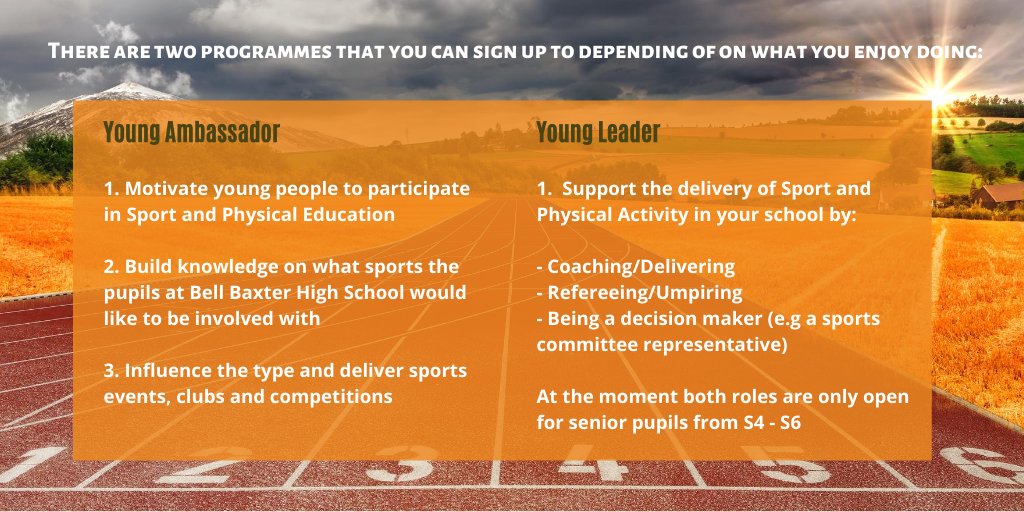 Bellbaxter_hwb's tweet photo. Want to influence what sport and physical activity takes place in your school

Apply for the 2 great leadership opportunities at Bell Baxter High School! 

Young Ambassador &amp; Young Leader 

Be the change you want to see!

Email: Hayley.smith@fife.gov.uk to get an application form https://t.co/GHPouUEsWA