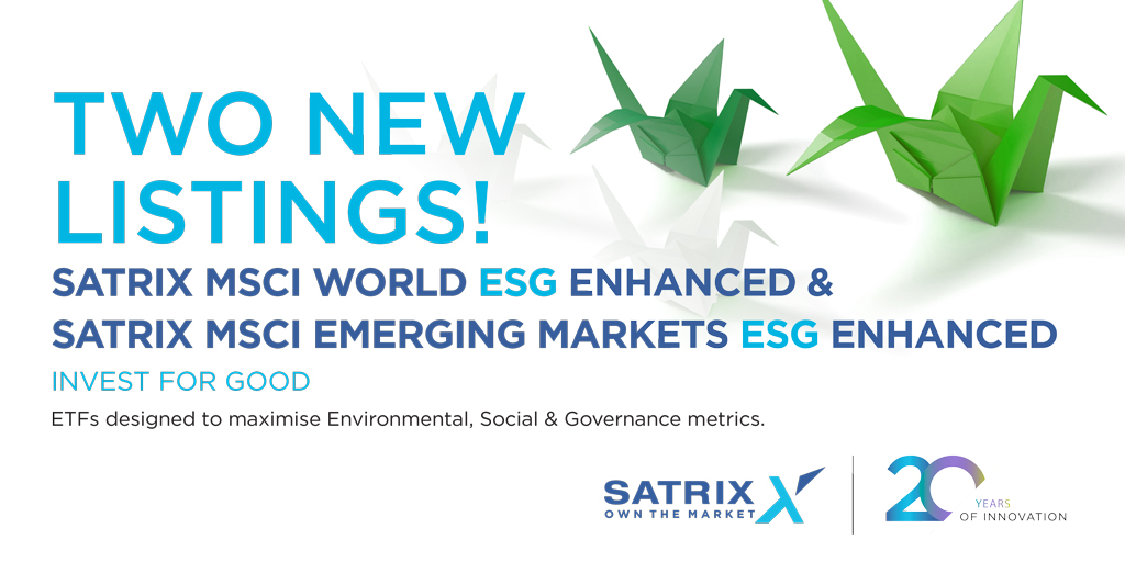 SATRIX_SA's tweet photo. SATRIX has listed 2 new ESG ETFs today!
SATRIX MSCI WORLD ESG ENHANCED ETF & SATRIX MSCI EMERGING MARKETS ESG ENHANCED ETF. Read more here: https://t.co/qMAO8XM3e5
INVEST FOR GOOD.
#ESGETF #ETF #GlobalFunds #GlobalETF https://t.co/GdW6EVRrSi