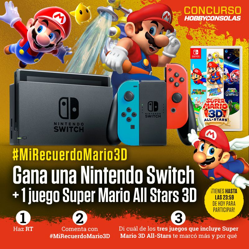 hobby_consolas's tweet photo. 🔴 ¡SORTEO! 
🎁 ¿Quieres ganar una Nintendo Switch + Super Mario 3D All-Stars?
- Síguenos + RT
- Dinos con #MiRecuerdoMario3D cuál de los 3 juegos incluidos en Super Mario 3D All-Stars es tu favorito y por qué te marcó.
⏰ ¡Termina hoy! [Bases legales:  https://t.co/lGUGDrYHvw] https://t.co/fxjDrysdaj