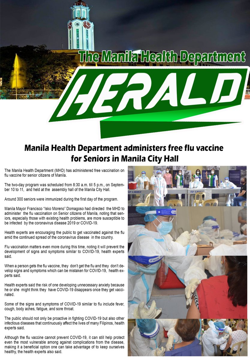 HealthManila's tweet photo. Manila Health Department administers free flu vaccine
for Seniors.

The two-day program was scheduled from 8:30 a.m. till 5 p.m., on September 10 to 11, at the assembly hall of the Manila City Hall.

#BagongMaynila
#KalusuganNgManilenyoSigurado
#SimplyNoPlaceLikeManila https://t.co/niEU7XpiTp