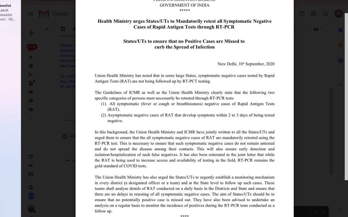 Why do we repeatedly need to ask for transparent  #covid19 data. Health Ministry  @mohfw_india has ‘urged,’ all states to retest with RTPCR, all those who are negative on less accurate rapid antigen tests for  #covid19. This comes nearly four months after antigen tests flooded India