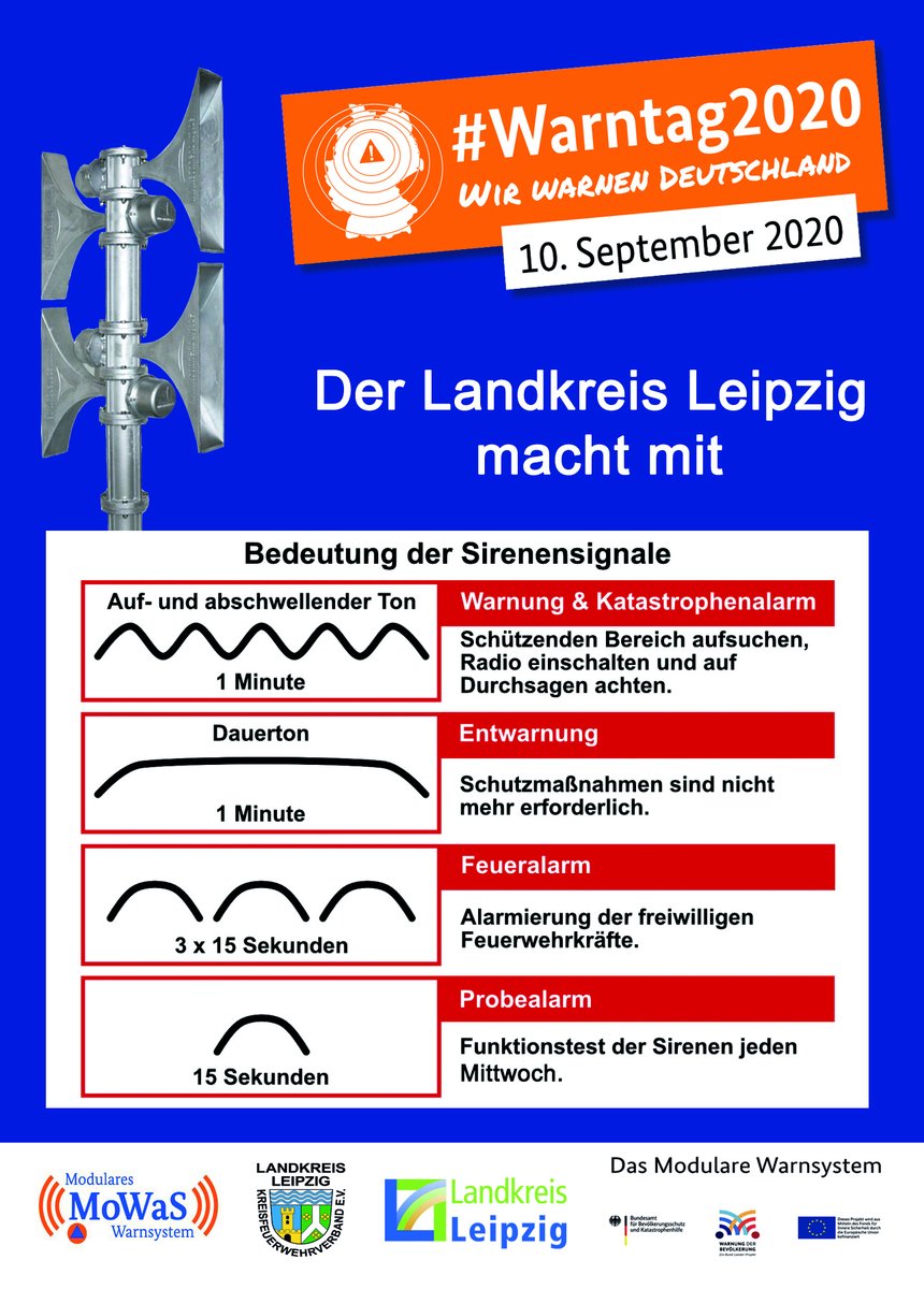 kfv_lkl's tweet photo. Heute ist Bundesweiter Warntag. Punkt 11 Uhr ertönen die Sirenen und alle bekannten WarnApps werden Alarm schlagen.  #Warntag2020 #Warntag #bevölkerungsschutz #bevölkerungswarnung #landkreisleipzig https://t.co/dUrdg9HAvk