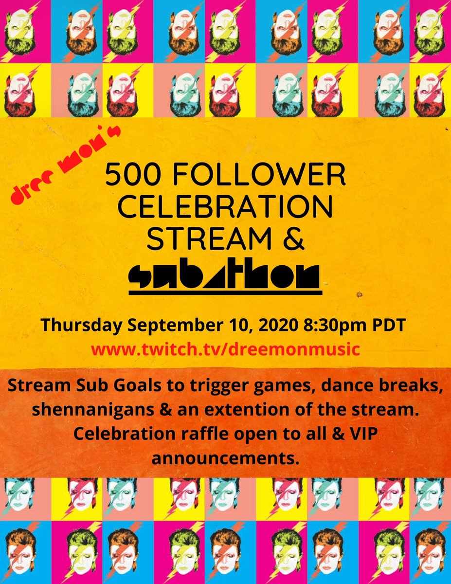 dreemonmusic's tweet photo. Tonight Thursday Sept. 10, 2020 8:30pm PDT! #twitch #twitchstreamer #celebrationstream #500followers #spreadtheword #subathon #minisubathon https://t.co/94iPDVXQSP