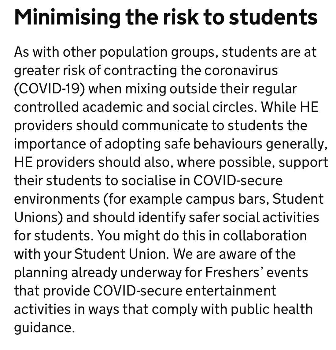 Right off the bat, the government is encouraging use of campus bars. My own uni are also sending out “don’t worry, the bars are open” signals and I think (looking at the US) right now, we all know what this is going to lead to.