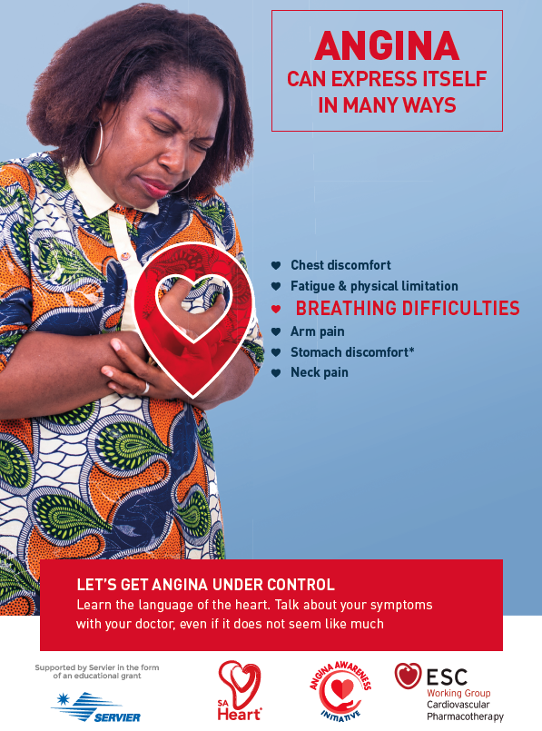 SAHeart_ZA's tweet photo. Chest discomfort. Fatigue and physical limitation. Breathing difficulties. Arm pain. Neck pain. Stomach discomfort. If you're over the age of 50 and experiencing these symptoms, speak to your doctor for more information. You may be at risk for #angina. #LetsGetAnginaUnderControl https://t.co/s0mbtkdLLb