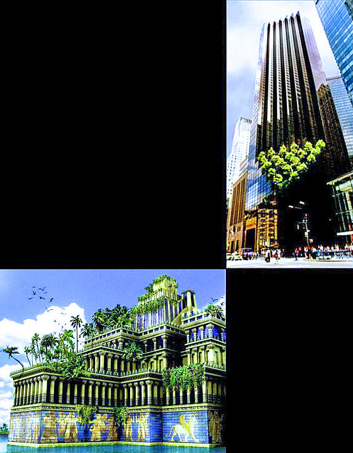 片山徹 トランプタワーとバビロン空中庭園 想像図 建築雑誌表紙を飾ったニューヨーク トランプタワー 19年4月 ニューヨーク見学時 このビルのユニークさに驚きました スモークガラス カーテンウォール摩天楼に緑が映されていました バビロン捕囚