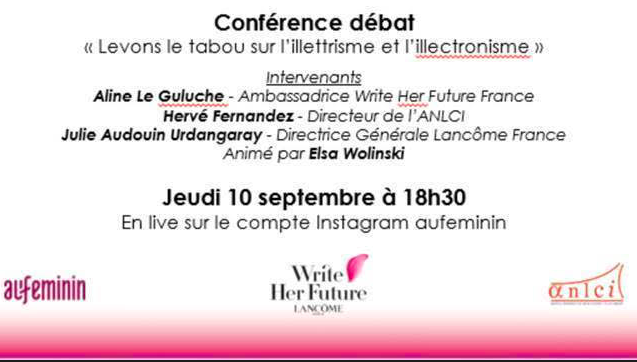 AurelieChambon's tweet photo. A ne pas manquer ce soir à 18h30 le live 
@instagram sur @aufeminin avec Aline Le Guluche, ambassadrice du programme Write Her Future et Hervé Fernandez, Directeur de @ANLCI_Lyon, animé par 
@ElsaWolinski « Levons le tabou sur l’#illettrisme et l’#illectronisme »#JNAI2020 https://t.co/nrASJKcNAh