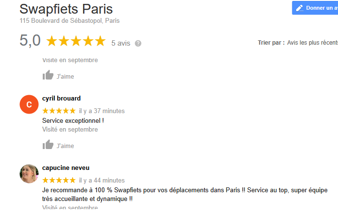 garde_boue's tweet photo. .@swapfiets qui se prend un bad buzz pour ses dégradations de Paris a mis en marche la machine à faux avis : 15 avis 5 étoiles depuis hier soir https://t.co/SkpRAKseI0