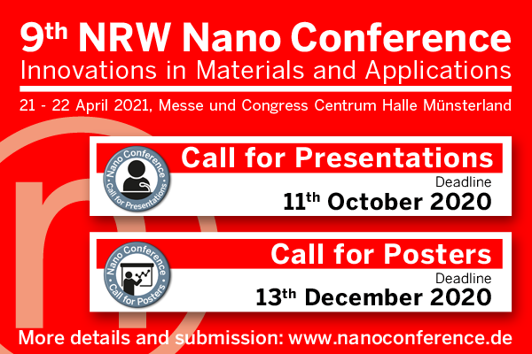 Take an active part in the 9th NRW Nano Conference and apply now for the Call for Presentations or the Call for Posters! We look forward to your abstract at nanoconference.de/event