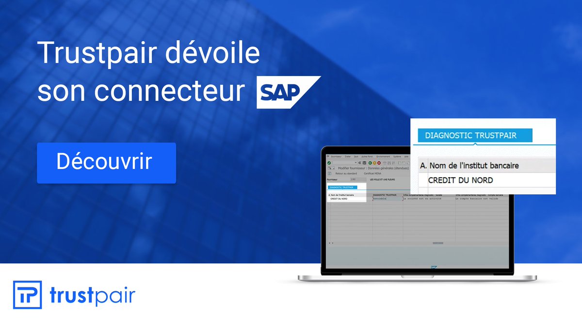 trustpair's tweet photo. #Nouveau Trustpair intègre votre ERP @SAP ! Rapide à déployer ⏱ et clé-en-main 🗝 le connecteur imaginé par #Trustpair vous permet de contrôlez automatiquement les données de votre base tiers depuis votre #ERP. Découvrir ➡️  https://t.co/eBhSDRuz2E
#API #Finance #KYC @SAPFrance https://t.co/b3H481acl9