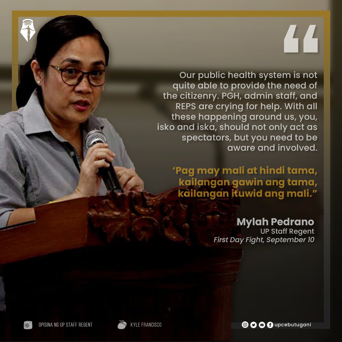upcebutugani's tweet photo. Just like everyone else, the REPS sector also looks forward to an immediate yet safe return to on-ground classes; this is what incumbent UP staff regent Mylah Pedrano reminded students during the #FirstDayFight2020 on Thursday.
Read: https://t.co/asuvWZLE6H https://t.co/vjJCfnIwCI