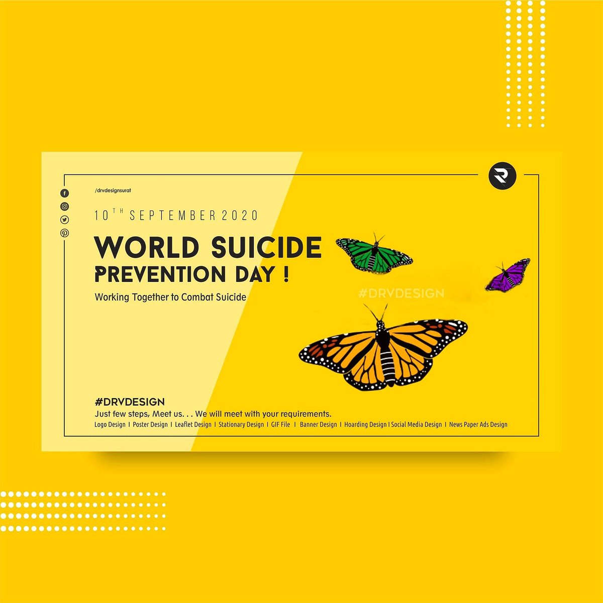 drvdesignsurat's tweet photo. World Suicide Prevention Day
Working Together to Combat Suicide

#rajeevmehta #drvdesignsurat #SocialMedia #socialpost #rajeevmehta #artist #artwork #india #graphicdesign #banner #logodesignservice #tiktok #mediadesign #we #instadaily #instagramers
#youtubedrvdesign https://t.co/gq9U3goTKR