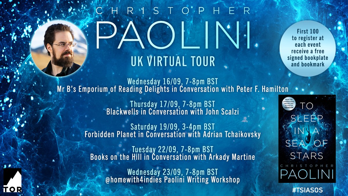 UK virtual tour for #ToSleepInaSeaofStars with Peter F. Hamilton,
<a href="/scalzi/">Scalzi</a>, <a href="/aptshadow/">Adrian Tchaikovsky</a>, <a href="/ArkadyMartine/">Arkady Martine (Dr. AnnaLinden Weller)</a>! And a writing workshop with <a href="/homewith4indies/">At Home with 4 Indies</a>. Tickets on the bookstores' websites! 🎥💻📚
.
. 
<a href="/ForbiddenPlanet/">Forbidden Planet</a> <a href="/mrbsemporium/">Mr B's Emporium</a> <a href="/blackwellbooks/">Blackwell's</a> <a href="/booksonthehill/">Books on the Hill</a>