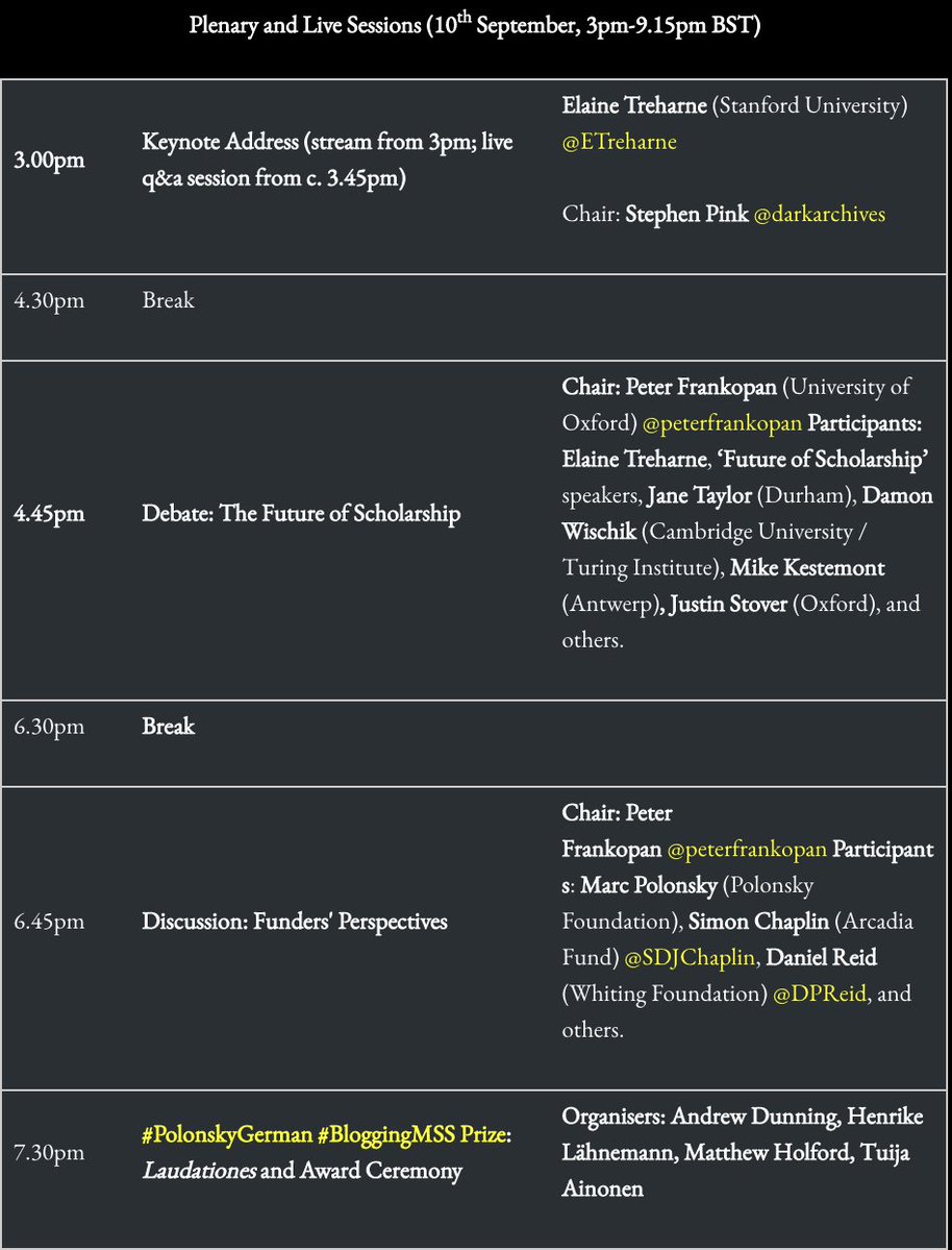 OxMedStud's tweet photo. The final day of #DarkArchives has arrived...

For Day 3, (re)watch the talks by speakers tagged in the timetable below (BST)

Highlights include:
👩‍🏫‍Keynote: Elaine Treharne
🤔Debate: The Future of Scholarship
🤔Debate: Funders' Perspectives
🎉 #BloggingMSS Awards

@DarkArchives https://t.co/Pw6TgIshpB