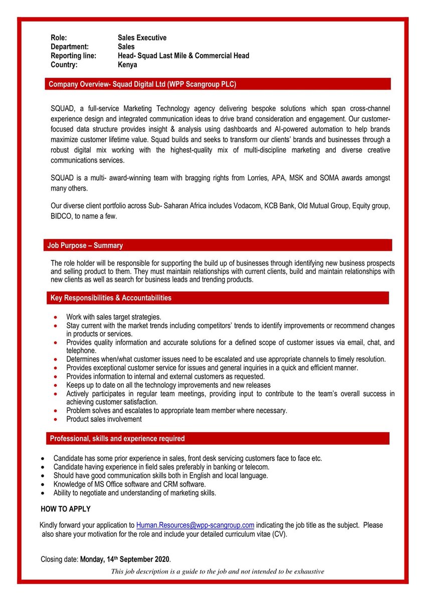 #WeAreHiring- Sales Executive - Squad Digital.

Kindly forward your application &amp; CV to Human.Resources@wpp-scangroup.com