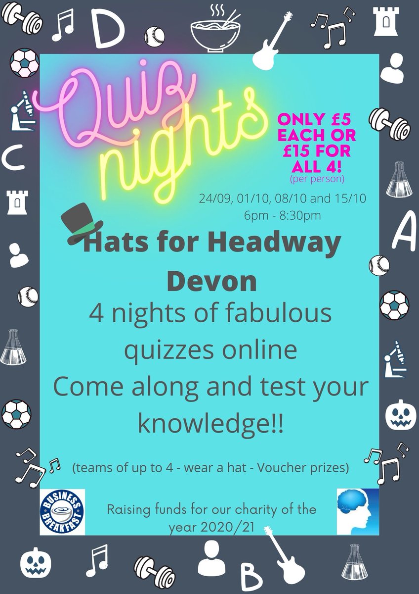 BizatBreakfast's tweet photo. Join the Business at Breakfast team in raising funds for a fantastic local charity 
@HeadwayDevon
.
Thursday September 24th - 6pm, we have spaces for up to 20 teams. email sandra@businessatbreakfast.co.uk to register interest https://t.co/wZh99E2a03
