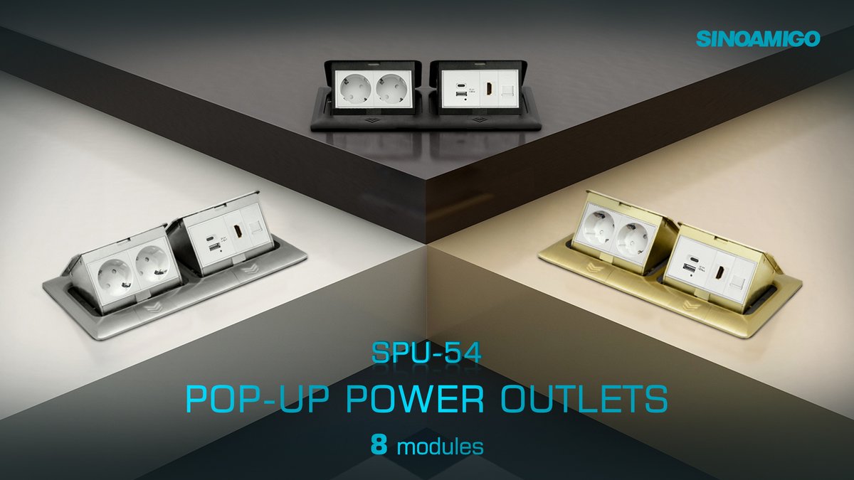 SinoamigoE's tweet photo. Introducing our new line of SPU-54 series pop-up power outlets with 8 modules capacity, designed to deliver a #consistent, #aesthetic and #functional #solution for #floor and #desktop #applications.
Learn more: https://t.co/dEcDZmswWE
#flooroutlet #deskoutlet #powersolutions https://t.co/aL5jk2INPh