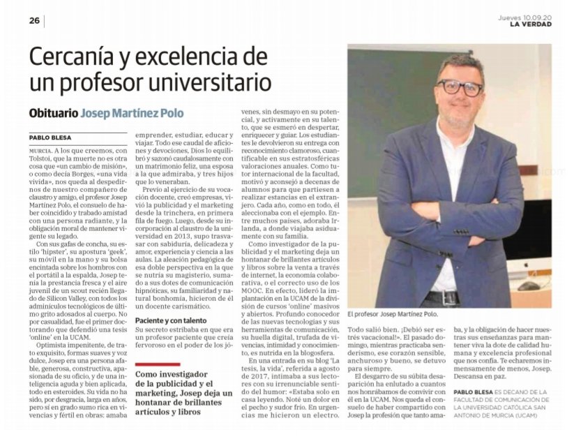 Agradezco a <a href="/laverdad_es/">laverdad_es</a> que nos haya permitido a <a href="/UCAM/">UCAM Universidad</a> y a la facultad rendir un último tributo a nuestro querido Prof. Josep Martínez Polo. DEP