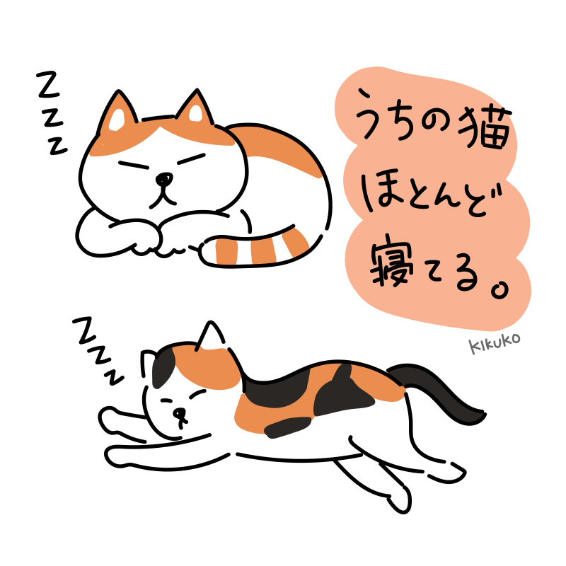 Kikuko イラスト うちの猫 ほとんど寝てます 家の中で見つからないことも多く 姿が見えないと寂しい 茶白猫 三毛 猫 猫イラスト 寝てる イラスト