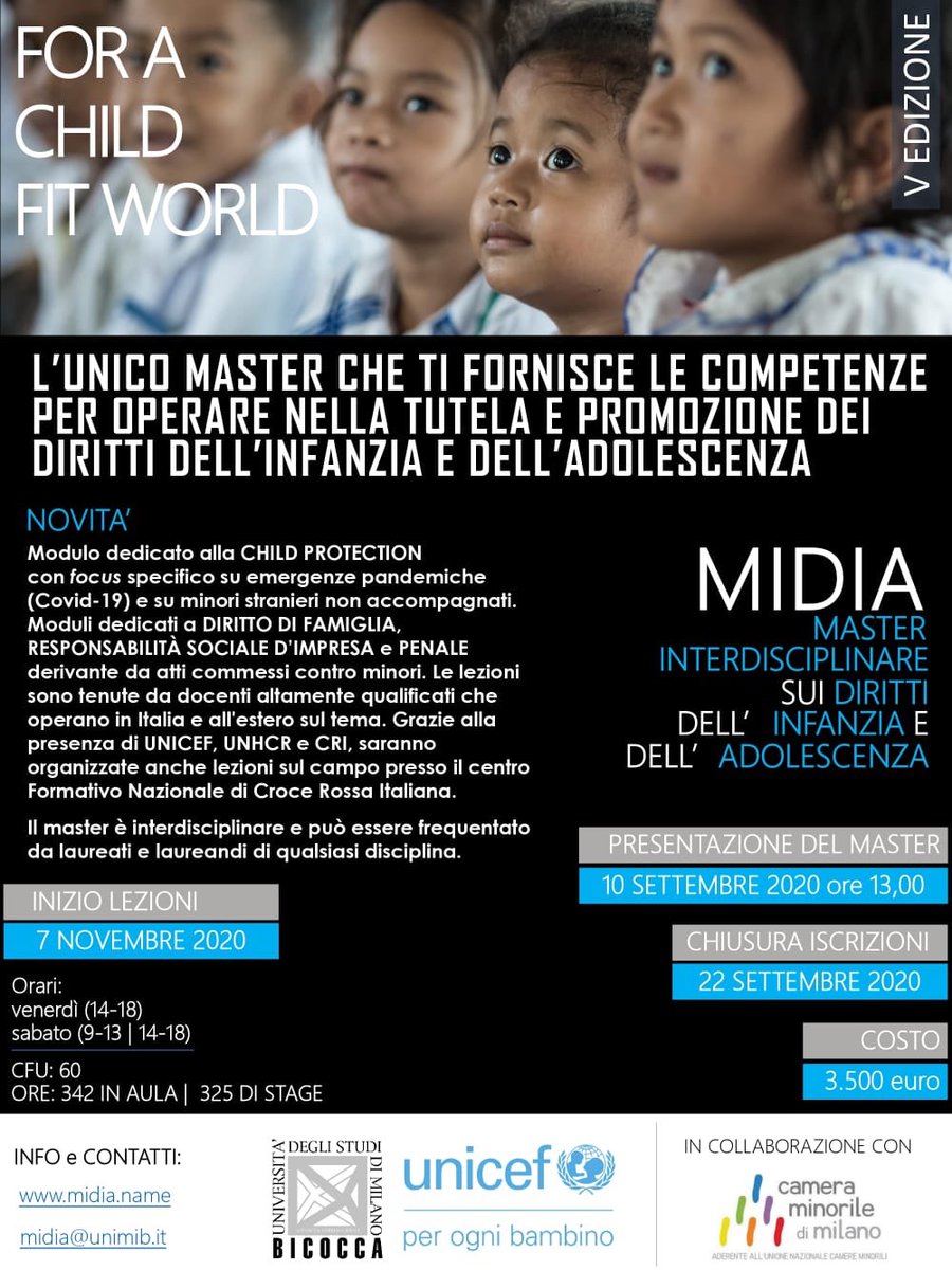 Iscrizioni aperte per il Master Unicef-Bicocca sui diritti dell'infanzia e dell'adolescenza.

Per seguire l’evento: midia<a href="/unimib/">Università degli Studi di Milano-Bicocca</a>.it mettendo in oggetto “presentazione MiDIA”.

midia.name

<a href="/unicefitalia/">UNICEF Italia</a>
@unimib
#unicefitalia #perognibambino #presentazionemidia