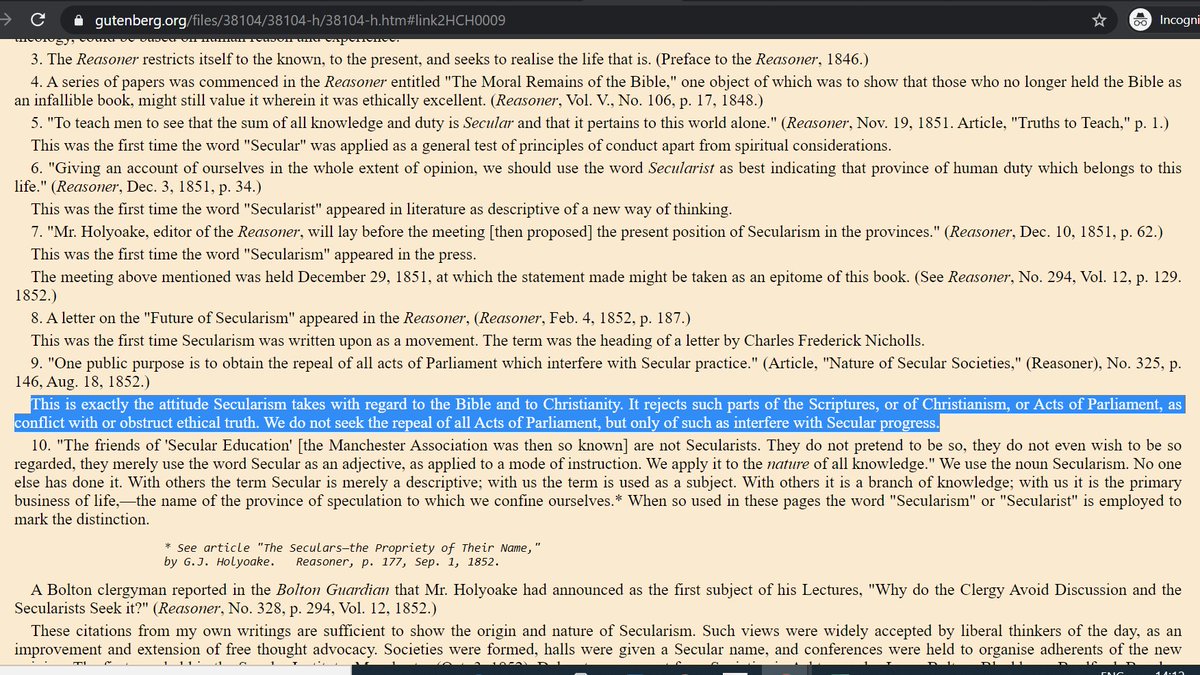 2/n It was Mr George Jacob Holyoake who used term "Secularism" in 1851 through his magazine "Reasoner". He writes in his book"English Secularism: A Confession of Belief", that it was all about "rejection of few Christian Scriptural beliefs".
