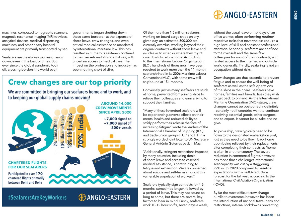 angloeasterngrp's tweet photo. We'd like to follow up the IMO's repeated call for urgent action on crew change ahead of the UN General Assembly later this month with our own article on the crisis/issue, as published last month in our quarterly magazine LeaderShip #SeafarersAreKeyWorkers #crewchange #crewrelief https://t.co/zKjy6j4bAq