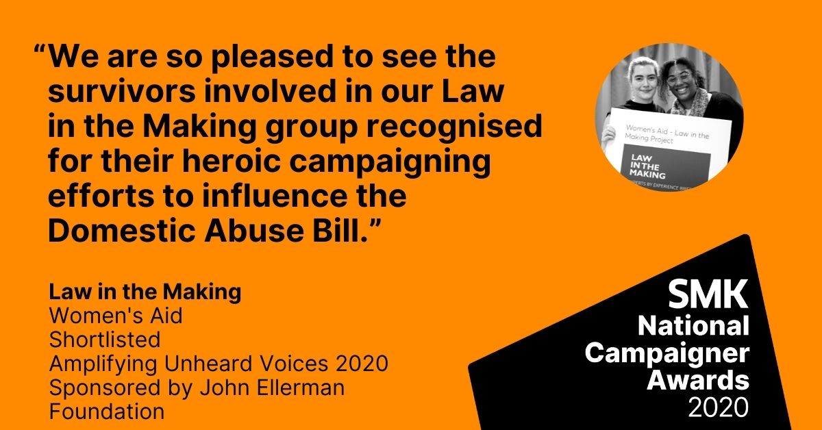 womensaid's tweet photo. ๐ข We are delighted our #LawInTheMaking project has been shortlisted for the @SMKcampaigners Amplifying Unheard Voices category in #SMKAwards2020.
โก๏ธThis is thanks to all the survivors involved and their heroic campaigning efforts to influence the #DABill.
#ExpertsByExperience https://t.co/6AFAhrXNus