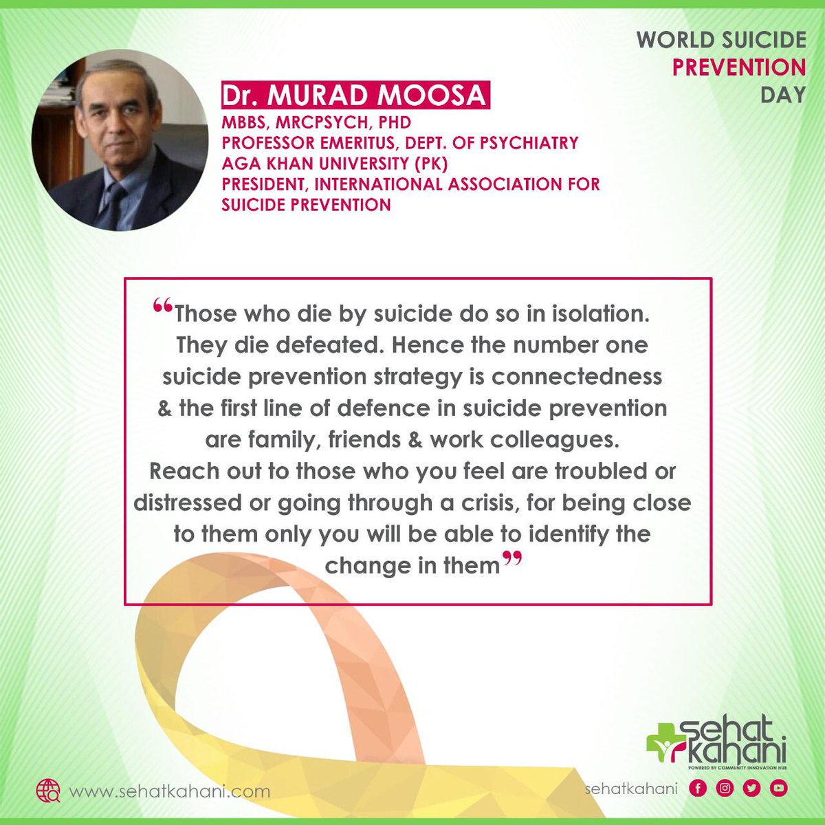 SehatKahani's tweet photo. On this day we share some extremely important words by Dr Murad Moosa

You can also access his video message and a podcast on  the below mentioned links:
Video: https://t.co/pcB3JIteSp
Podcast: https://t.co/oegRnRvRxA

#WorldSuicidePreventionDay #SuicidePrevention https://t.co/ocSENdU9t2
