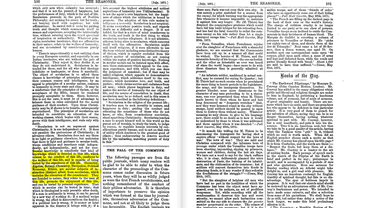 3/n In the Reasoner Edition of July, 1871, he tells Secular knowledge is manifestly that kind of knowledge which is founded in this life which relates to the conduct of this life conduces to the welfare of this life and is capable of being tested by the experience of this life.
