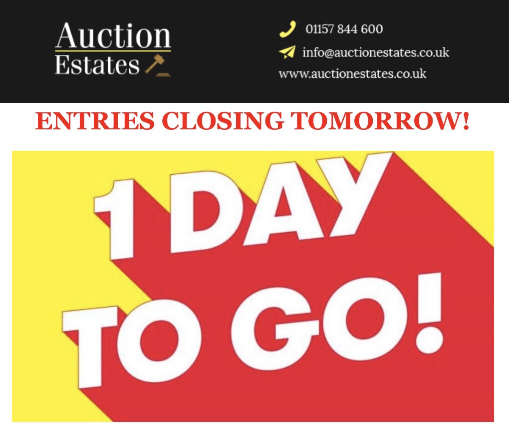 auctionestates1's tweet photo. Donโt miss tomorrows deadline!! Tomorrow sees the final day of entries for our 8th October auction. #auction #entriesclosing #deadline #sell #property https://t.co/mZyE5ilHhk