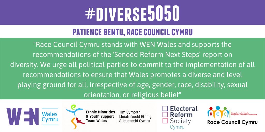 There has NEVER been a BAME woman elected to the Senedd. Join us in calling on all political parties to commit to #Diverse5050 in politics to ensure our political representation in Wales reflects the population it serves. @ERScymru @WENWales @eystwales @BLMCymru @BHMWales