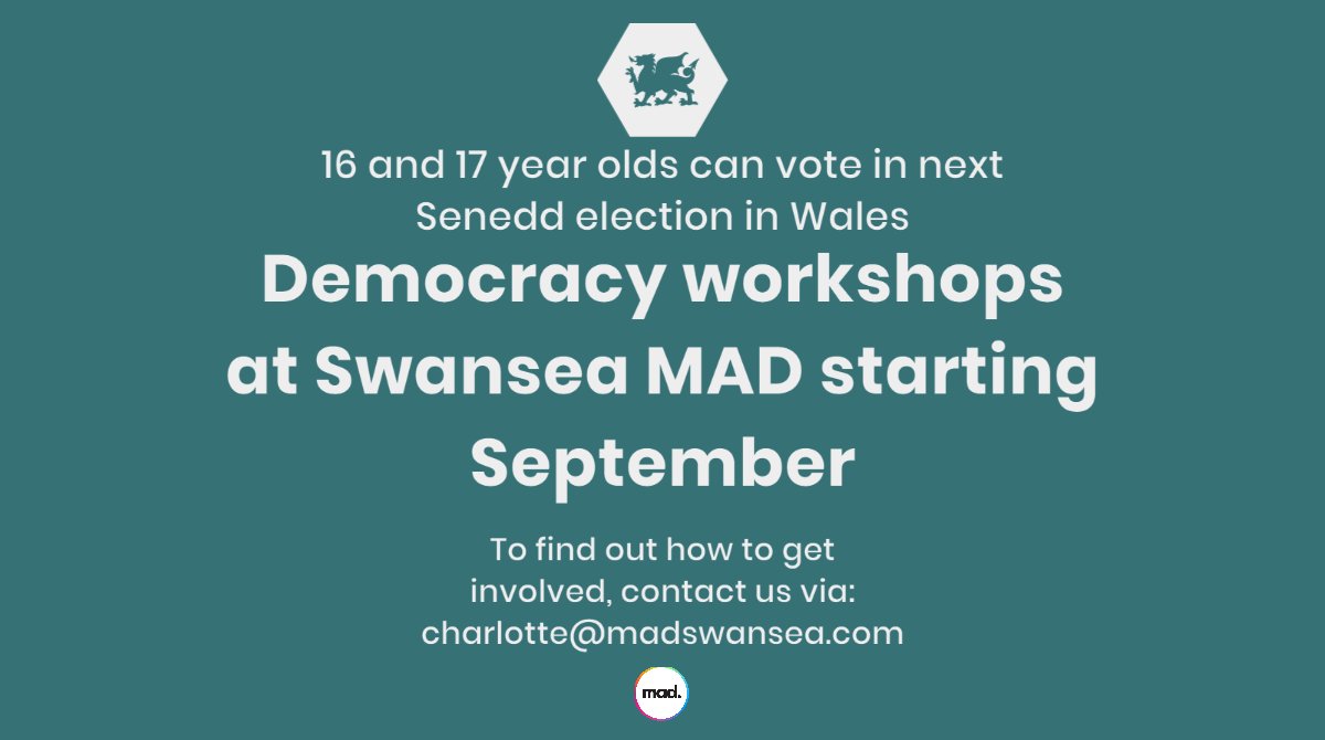 SwanseaMAD's tweet photo. 16 and 17 year olds can vote in next Senedd election in Wales. Democracy workshops at Swansea MAD starting September.
To find out how to get involved, contact us via: charlotte@madswansea.com
#Senedd #Wales #Swansea #YouthMatter #BackToSchool #GCSEs #ALevel #Sixform #College https://t.co/JPNX3MmiyA