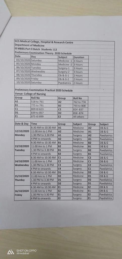 GIDA_Official's tweet photo. Final Year(Regular batch 2016) Preliminary Exams will be Started from 3/10/'20 by GCS Medical College,Ahmedabad.

Schedule of Theory and Practical Examinations! https://t.co/gisGaD18UO