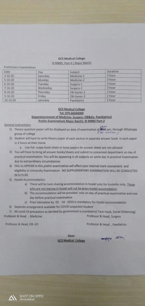 GIDA_Official's tweet photo. Final Year(Regular batch 2016) Preliminary Exams will be Started from 3/10/'20 by GCS Medical College,Ahmedabad.

Schedule of Theory and Practical Examinations! https://t.co/gisGaD18UO