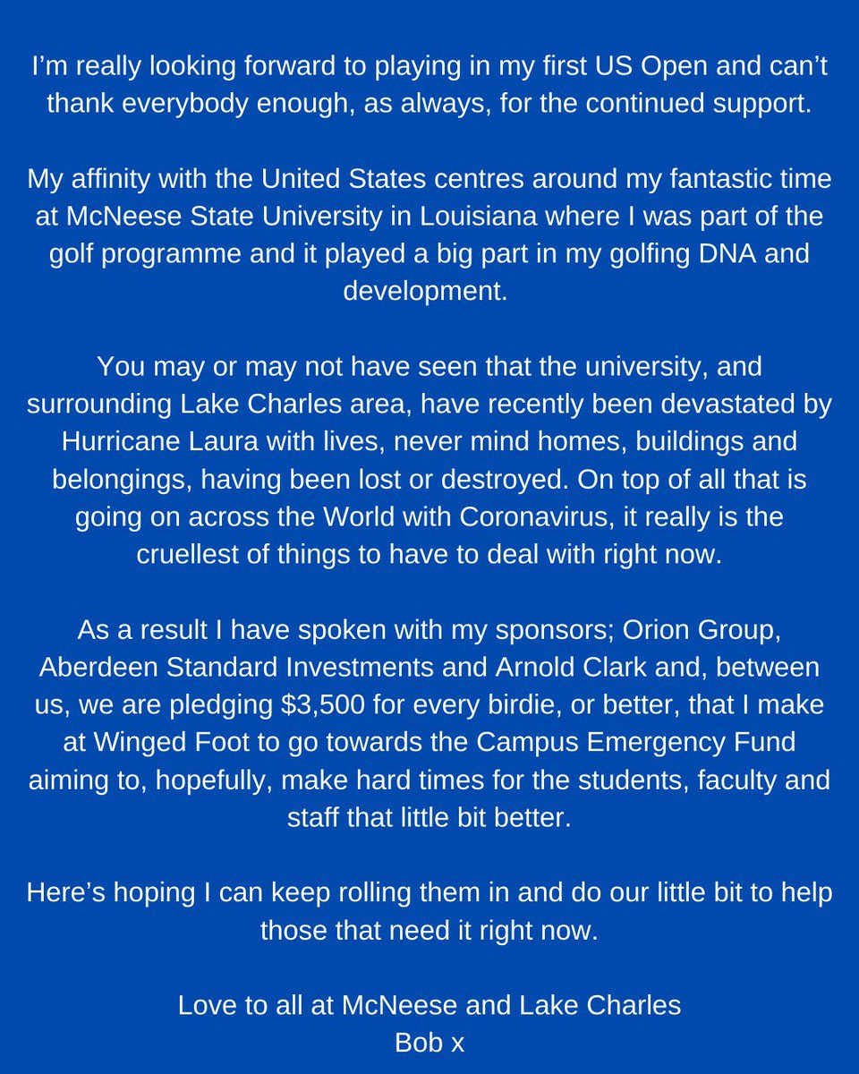 robert1lefty's tweet photo. Ahead of my US Open debut next week I want to help my old university @McNeeseSports that's been devastated by Hurricane Laura.

https://t.co/qyT7Gmzubs https://t.co/SgquBwZcgi