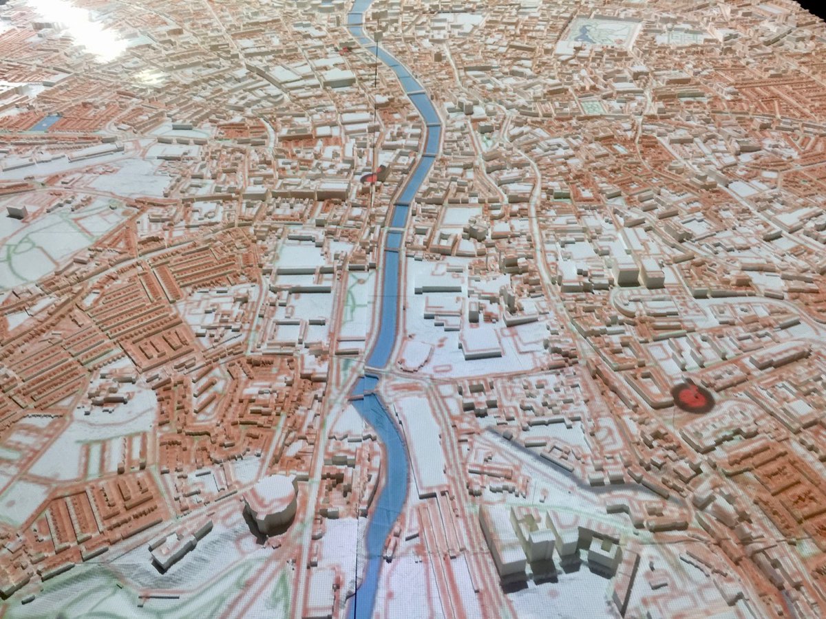 FFrink's tweet photo. This is looking really good. The physical model of Dublin is white, so all the colours you see are being projected onto it. It's no mean feat to get this working on an area this large indoors , kudos to my @dashbuild colleague @MarkLinnane https://t.co/9R2iAyoxR6