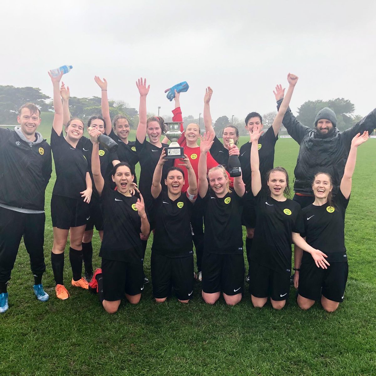 VUWAFC's tweet photo. Our Women's First team defeated KCU 3-1 this weekend to secure the Women’s @CapFootball Premier trophy and confirm their promotion to W League next season! Congratulations to a quality team of players and hardworking coaching staff on bouncing straight back up! 💛💚🖤🏆🥇 https://t.co/ZYcbcNwu0H