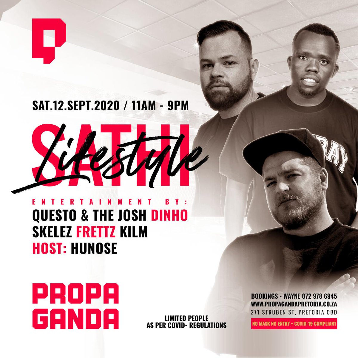 PropagandaPTA's tweet photo. #PropaWeekend
Entertainment flair. Firing on all cylinders. Creme de la creme. Covid-19 checks at entry point. Woza mntase🥂 
🌍World class phenomenon
🎧@QuestoDj
🎧@THEJOSHDJ
🏆 Winning recipes
❄️ Ice cold BEVS
🔞  23
🚔 Secure
#TWO
#MOONCHILD
#cassper
#PropagandaPTA
#t1flavv https://t.co/yHl4NvS6St