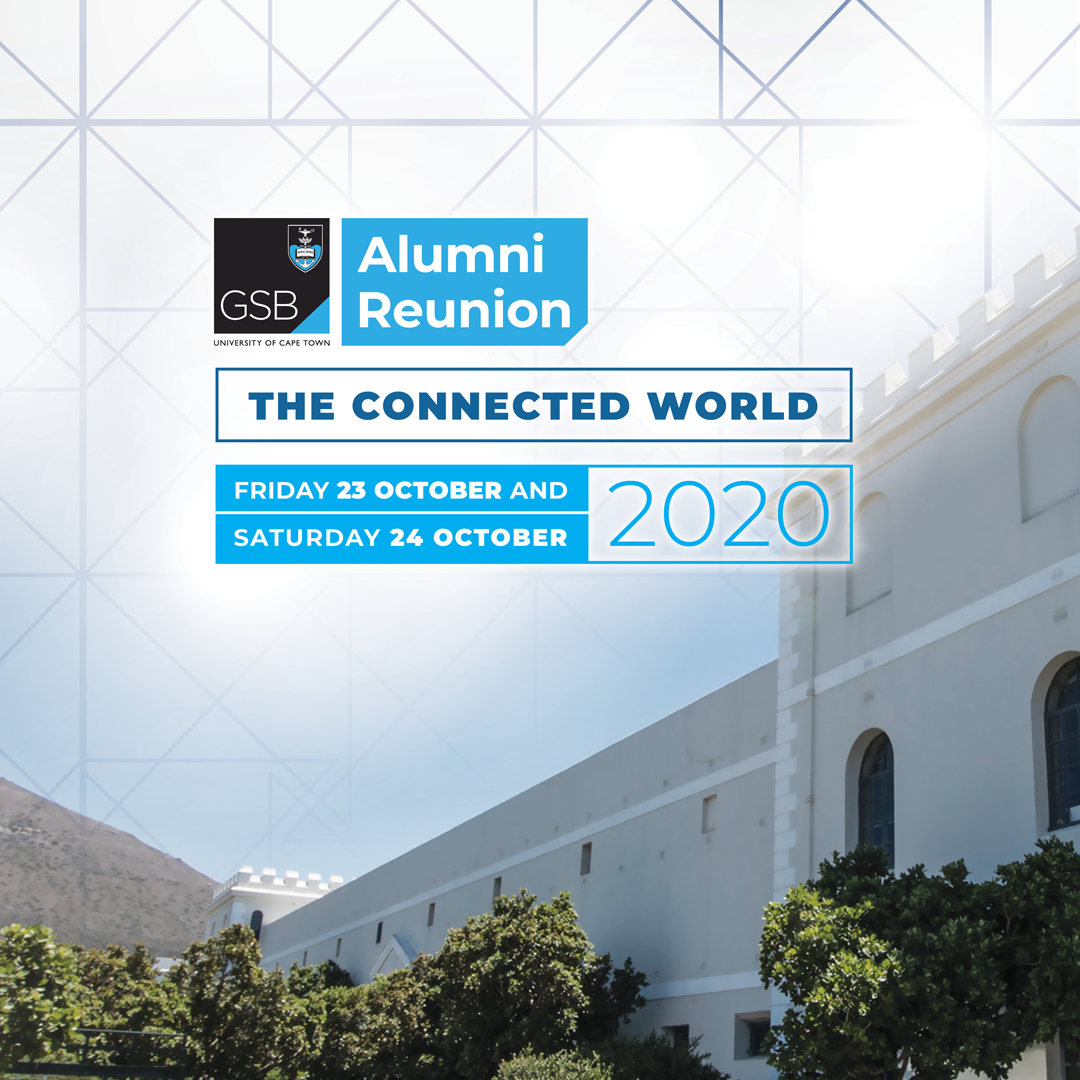 UCTGSB's tweet photo. #COVID19 has accelerated how technology is connecting the world. As such we're hosting the 2020 Alumni Reunion Weekend online. Alumni across the globe will be reunited with old friends and make new ones. RSVP here: https://t.co/ZFW05AIUc4. #UCTGSBAlumni #AlumniReunionWeekend https://t.co/IyT1DJqECu