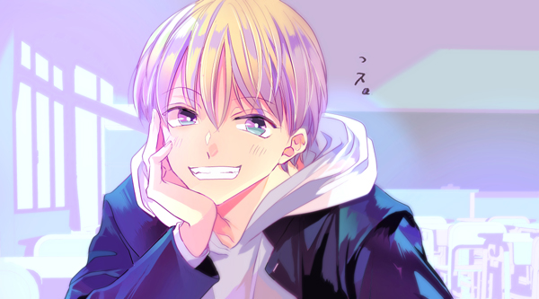 1boy male focus solo blonde hair smile hood jacket  illustration images