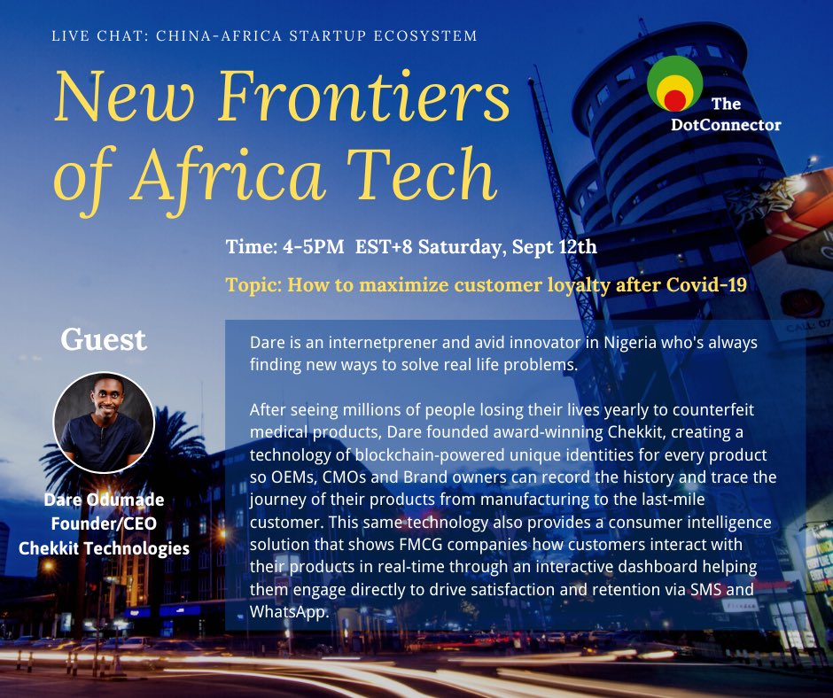 HeatherleePSU's tweet photo. Join us for a #livechat this Saturday to learn from #Nigeria-based entrepreneur Dare Odumade about his #Blockchain-powered venture @Chekkitapp and explore the future possibilities of #ChinaAfrica startup ecosystem. 

👉 Register here &amp; get the #Zoom link: https://t.co/V8KQSDrcfe https://t.co/NQSJHCdd96