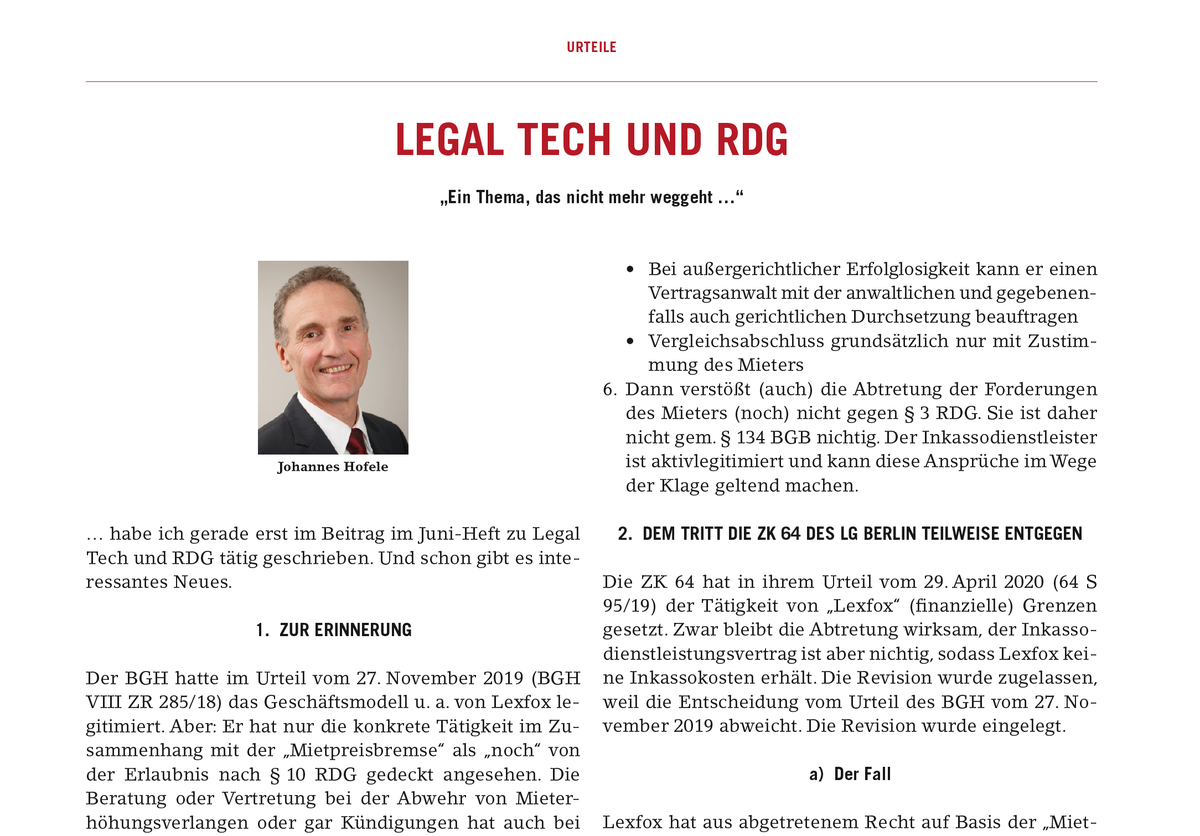 BAV_Anwaelte's tweet photo. RA u. Fachanwalt für Steuerrecht Johannes Hofele (Sprecher des BAV-Arbeitskreises #Mietrecht und WEG) stellt die weitere gerichtliche Beurteilung von „#LegalTech und #RDG“ in der September 2020 Ausgabe des Berliner Anwaltsblattes dar. #Lexfox #Inkassodienstleistung https://t.co/Rg3xT2t45H