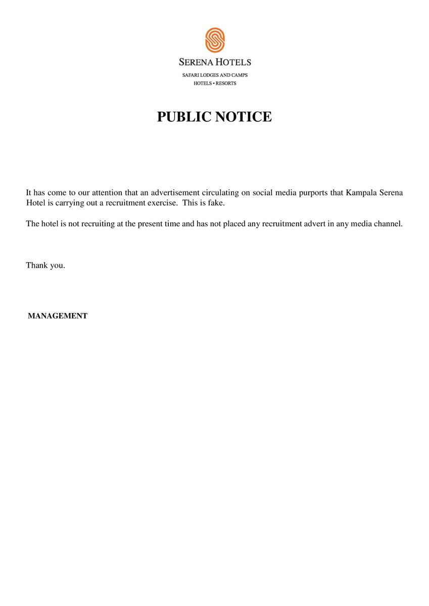 It has come to our attention that some individuals are frauderently recruiting for job positions using Serena Hotels name in UG. We would like to set the record straight that we're not recruiting currently in any of the regions we are based in. https://t.co/8lHvpWk8Rm