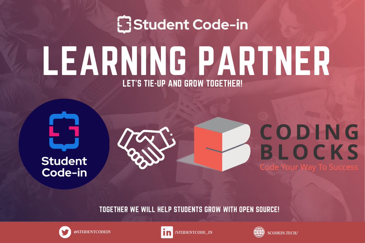 studentcodein's tweet photo. We are feeling much happy to announce #codingblocks as our official learning partner. Thank you so much for being with us and helping us in making. #studentcodein a huge success 

#studentcodein #codingblocks #coding #internship #partners https://t.co/zFxwT0ZmeX