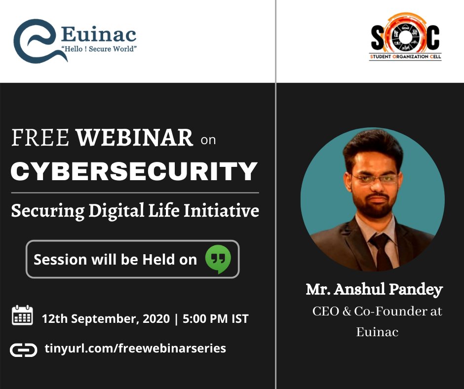 thehackerstalk's tweet photo. Euinac Technologies - a leading Cyber Security Company is hosting a worldwide Webinar on 12th September 2020, 5:00 PM IST
Registration Link - https://t.co/aHvydDuU6h
#FreeWebinarSeries #euinac #EthicalHackingOnlineTraining #cybersecurity https://t.co/lWGTTnHGiY